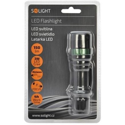 SOLIGHT - LED kovová svítilna, 3W CREE LED, černá, fokus, 3x AAA