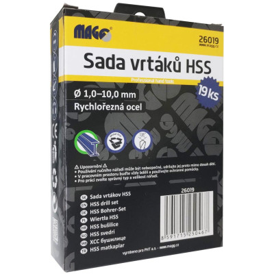 Sada vrtáků HSS 19 ks (1,0-10,0mm), plechový box