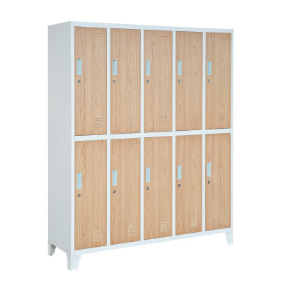 Plechová šatní skříňka na nožkách s 10 boxy BARTEK, 1360 x 1720 x 450 mm, Eco Design: bílá/ dub sonoma