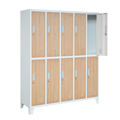 Plechová šatníková skrinka na nôžkach s 10 boxmi BARTEK, 1360 x 1720 x 450 mm, Eco Design: biela/ dub sonoma