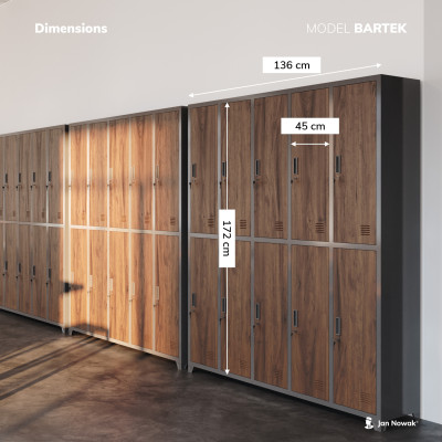 Plechová šatníková skrinka na nôžkach s 10 boxmi BARTEK, 1360 x 1720 x 450 mm, Eco Design: biela/ dub sonoma