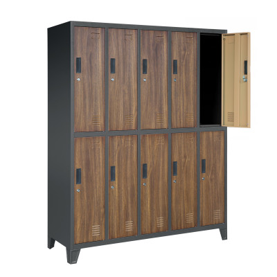 Plechová šatní skříňka na nožkách s 10 boxy BARTEK, 1360 x 1720 x 450 mm, Eco Design: antracitová/ ořech