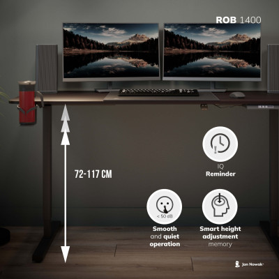 Výškově nastavitelný elektrický stůl ROB, 1400 x 720 x 600 mm, černá/ ořech