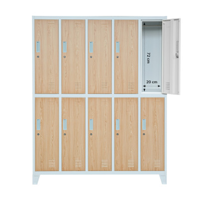 Plechová šatníková skrinka na nôžkach s 10 boxmi BARTEK, 1360 x 1720 x 450 mm, Eco Design: biela/ dub sonoma