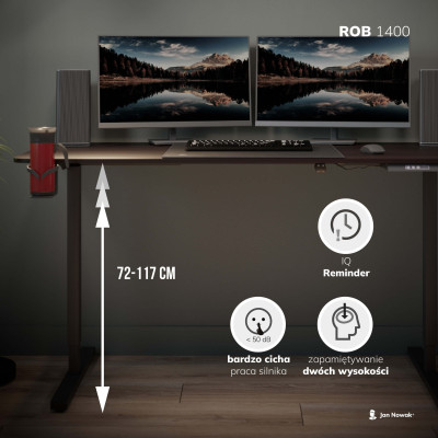 Výškovo nastaviteľný elektrický stôl ROB, 1400 x 720 x 600 mm, čierna/ orech