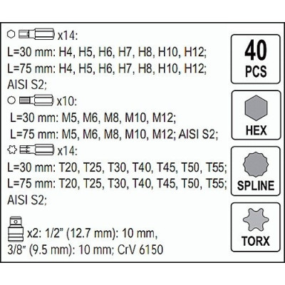 Sada bitů 40 ks, profily H, M, T v kovovém pouzdře + Ráčna na bity Licota - AH144101BAL