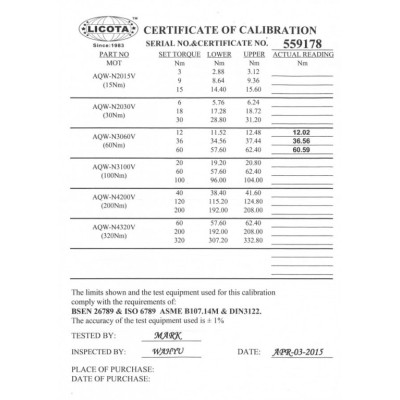 Momentový klíč LICOTA 3/8" s certifikátem, 12-60 Nm - LIN3060