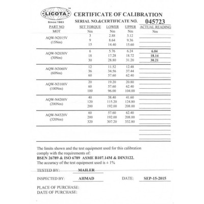 Momentový kľúč LICOTA 1/4" s certifikátom, 6-30 Nm, 300 mm - LIN2030