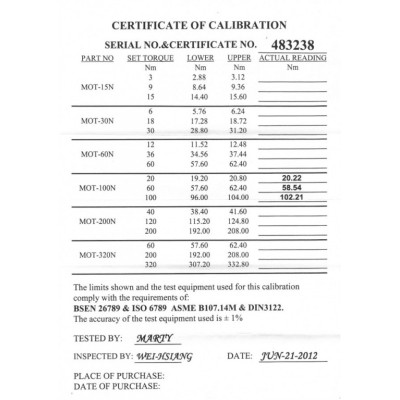 Momentový klíč LICOTA 3/8" s certifikátem, 20-100 Nm - LIN3100