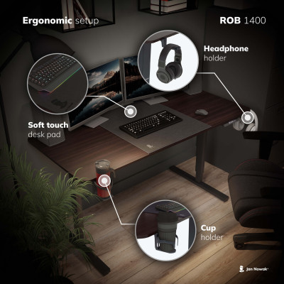 Výškovo nastaviteľný elektrický stôl ROB, 1400 x 720 x 600 mm, čierna/ orech
