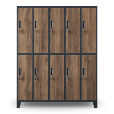 Plechová šatní skříňka na nožkách s 10 boxy BARTEK, 1360 x 1720 x 450 mm, Eco Design: antracitová/ ořech