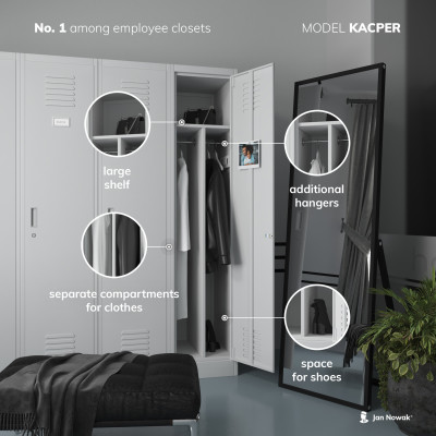 Plechová šatní skříň na soklu 4 moduly s polici KACPER II, 800 x 1800 x 500 mm, Eco Design: bílá/ dub sonoma