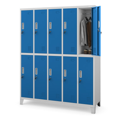 Plechová šatní skříňka na nožkách s 10 boxy BARTEK, 1360 x 1720 x 450 mm, šedo-modrá