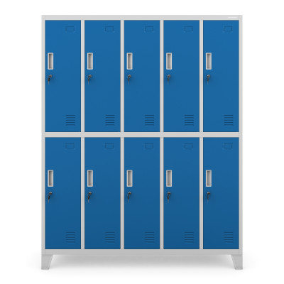 Plechová šatní skříňka na nožkách s 10 boxy BARTEK, 1360 x 1720 x 450 mm, šedo-modrá