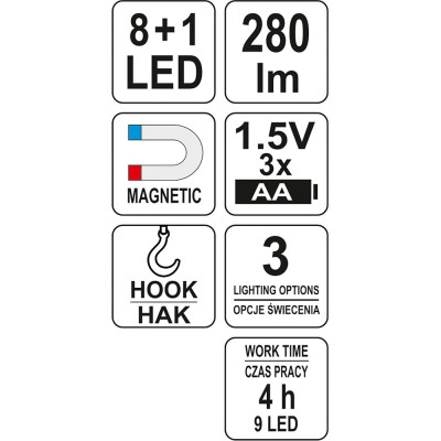 Lampa montážní 8+1 LED, hák+magnet