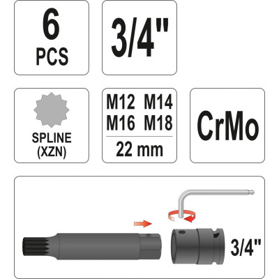 Sada nástavců 3/4" rázové 6 ks M12-M18 vícezubé CrMo