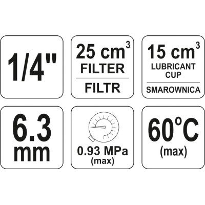 Regulátor tlaku vzduchu 1/4", max. 0,93MPa, s filtrem (25ccm) a přimazáváním (15ccm)