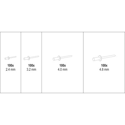 Nýt hliníkový sada 400ks (2,4, 3,2, 4,0, 4,8mm)