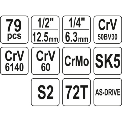 Gola sada 1/2', 1/4'' + příslušenství 79 ks