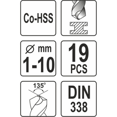 Sada vrtáků na kov 19ks HSS-COBALT 1-10mm