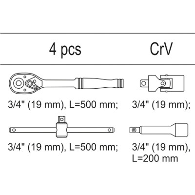 Vložka do zásuvky - sada ráčen a nástavců, 3/4", 4ks