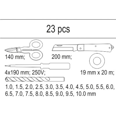 Vložka do zásuvky - izol. páska, zkoušečka, nůžky, montážní nůž, sada vrtáků 1-10mm