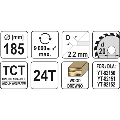 Kotouč na dřevo TCT 185 x 20 mm 24z (pro YT-82150, YT-82151, YT-82152)