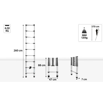 Hliníkový teleskopický žebřík, 9 stupňů, 2,6 m, max. zátěž 125 kg