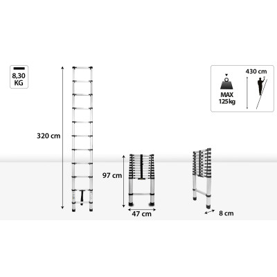 Hliníkový teleskopický žebřík, 11 stupňů, 3,2 m, max. zátěž 125 kg