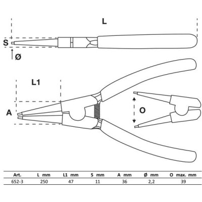 Kliešte na rozperné krúžky rovné pre vonkajšie rozperné krúžky 250 mm