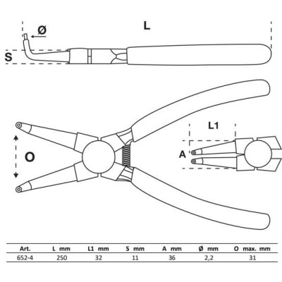 Kliešte na rozperné krúžky zahnuté pre vnútorné rozperné krúžky 250 mm