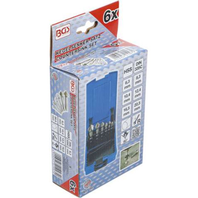Kužeľové záhlbníky 6,3 ÷ 20,5 mm BGS101997, 90 °, HSS, DIN 335 C. Sada 6 dielov