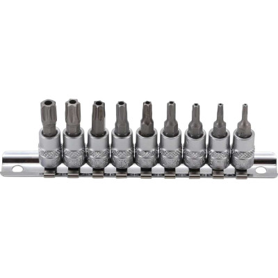 Zástrčné hlavice 1/4" T-Profil s vŕtaním T10 ÷ T50 BGS102165 Sada 9 dielov na koľajnici