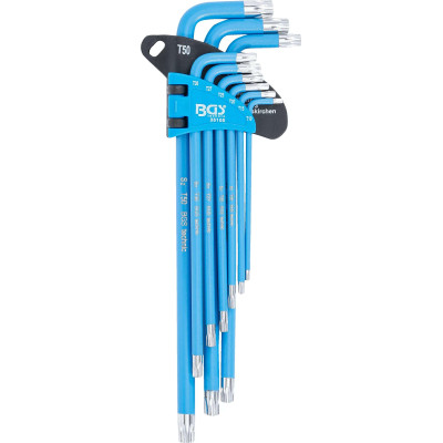 Zástrčné kľúče TORX (T-profil) T10 ÷ T50 BGS1035105 extra dlhé, s otvorom, oplastované. Súprava 9 dielov