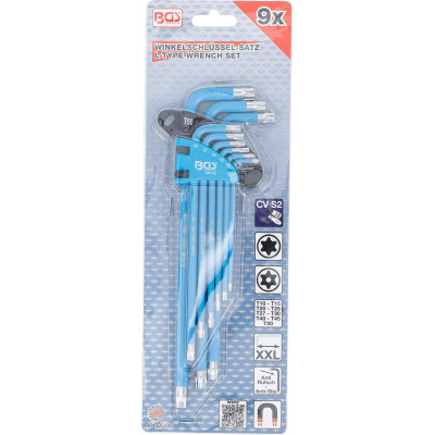 Zástrčné kľúče TORX (T-profil) T10 ÷ T50 BGS1035105 extra dlhé, s otvorom, oplastované. Súprava 9 dielov
