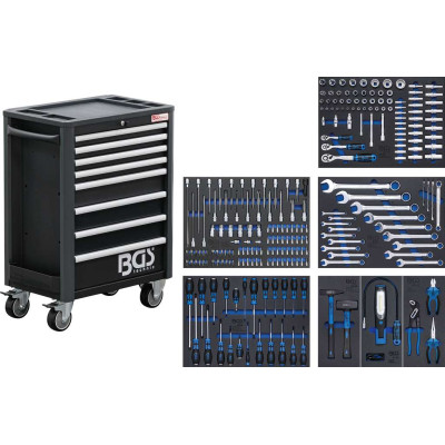 Dielenský montážny vozík Profi Standard BGS104113 - čierny. 8 zásuviek s vybavením 234 dielov