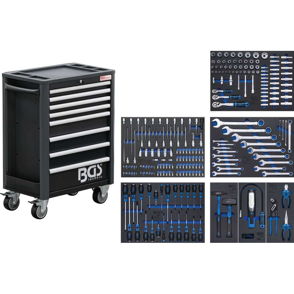 Dielenský montážny vozík Profi Standard BGS104113 - čierny. 8 zásuviek s vybavením 234 dielov
