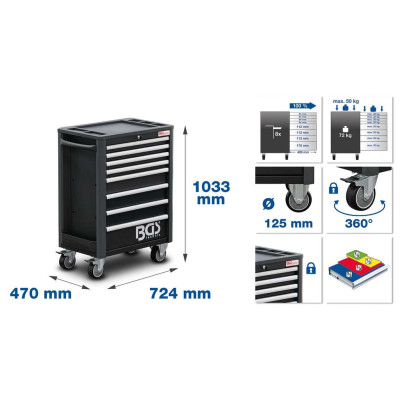 Dielenský montážny vozík Profi Standard BGS104113 - čierny. 8 zásuviek s vybavením 234 dielov