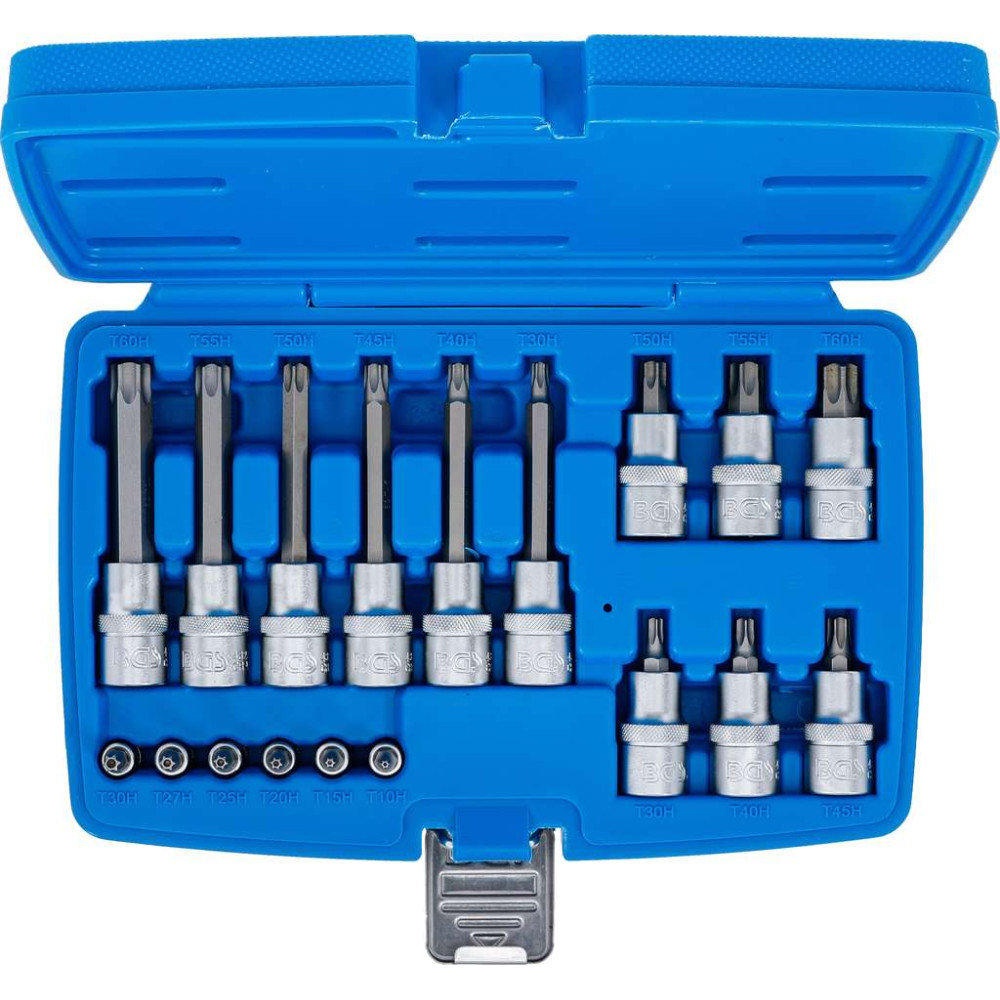 Zástrčné hlavice 1/4" a 1/2" Torx s otvorem T10 ÷ T60 BGS105174 (Sada 18 dílů)