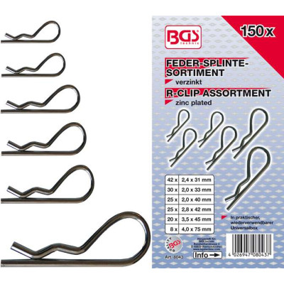 Pružinové závlačky 2,4 ÷ 4 mm BGS108043 Sada 150 dielov, PVC kazeta