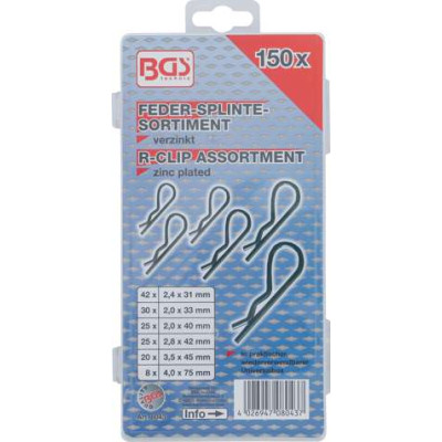 Pružinové závlačky 2,4 ÷ 4 mm BGS108043 Sada 150 dielov, PVC kazeta