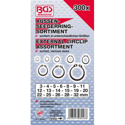 Poistné vonkajšie krúžky (seger) 3 ÷ 32 mm BGS108046 300 dielov v PVC kazete