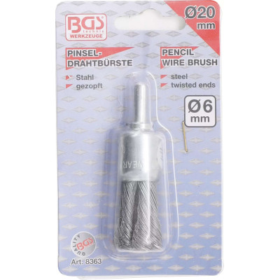 Štetcová drôtená kefa pr. 20 mm BGS108363, zapletaný, driek 6 mm, oceľový