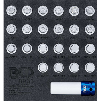 Náraďový modul 1/6 - BGS108933 Zástrčné hlavice 1/2" pre bezpečnostné skrutky kolies VW (Sada 23 dielov)