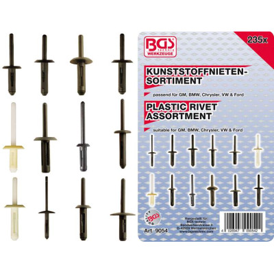 Plastové nity pre GM, BMW, Chrysler, VW, Ford BGS109054 (Sortiment 235 dielov)