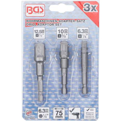 Adaptéry šestihran 1/4" na čtyřhran 1/4" - 3/8" - 1/2" BGS109685 Sada 3 díly