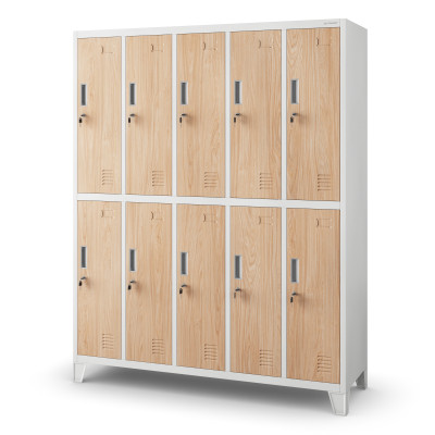 Plechová šatníková skrinka na nôžkach s 10 boxmi BARTEK, 1360 x 1720 x 450 mm, Eco Design: biela/ dub sonoma