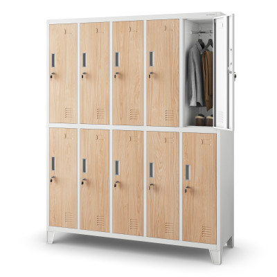 Plechová šatní skříňka na nožkách s 10 boxy BARTEK, 1360 x 1720 x 450 mm, Eco Design: bílá/ dub sonoma