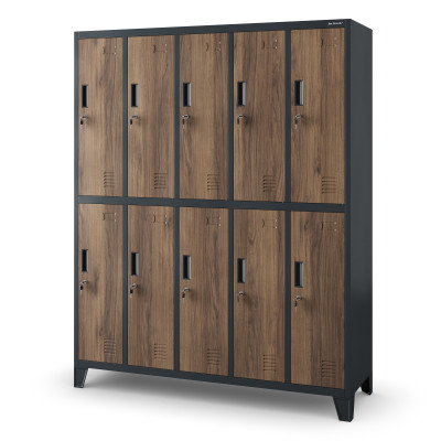 Plechová šatní skříňka na nožkách s 10 boxy BARTEK, 1360 x 1720 x 450 mm, Eco Design: antracitová/ ořech