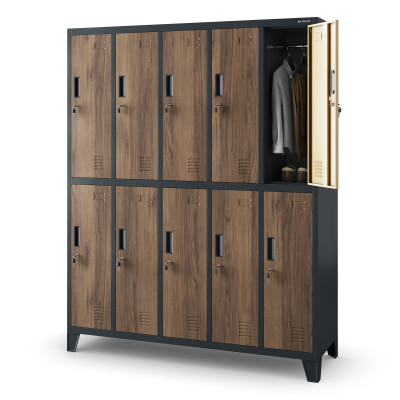 Plechová šatní skříňka na nožkách s 10 boxy BARTEK, 1360 x 1720 x 450 mm, Eco Design: antracitová/ ořech